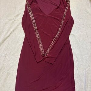Elegant Burgundy Dress with Embellished Trim